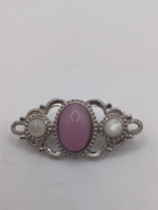 1928 Jewelry - 1928 Silver Tone Scroll Brooch With Pink and White Accents